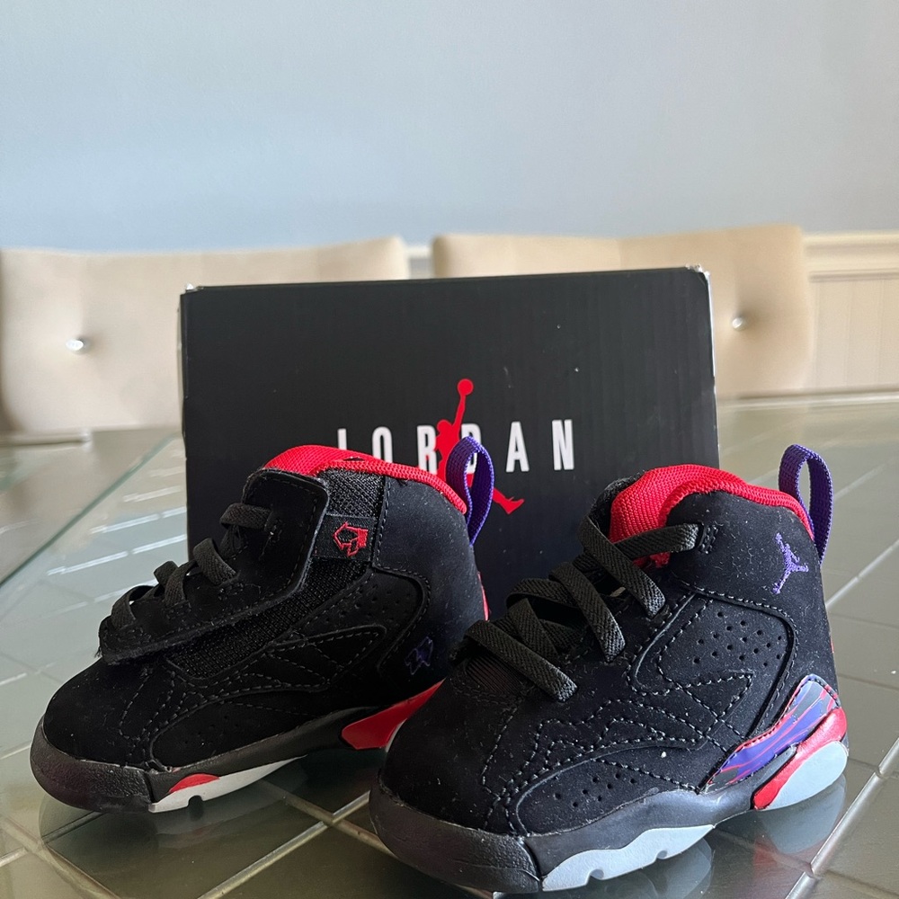 Jordan Kids Black and Red Sneakers with Purple Accents